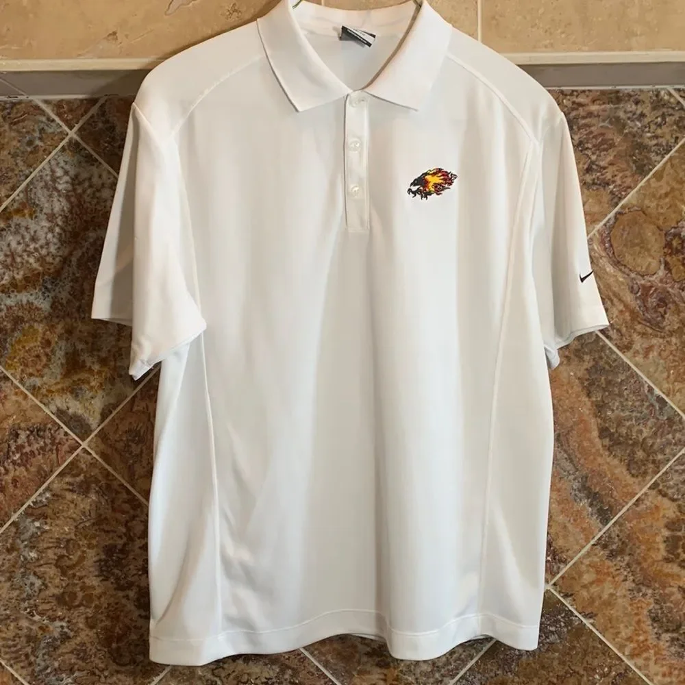 Men's Dri-Fit White Nike Golf Polo with Firebird Embroidered Logo, Size Large